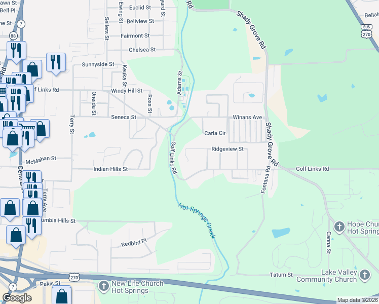 map of restaurants, bars, coffee shops, grocery stores, and more near 615 Ridgeview Street in Hot Springs