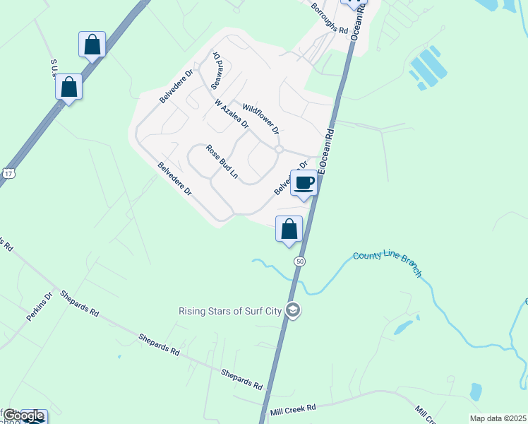 map of restaurants, bars, coffee shops, grocery stores, and more near 145 Belvedere Drive in Holly Ridge