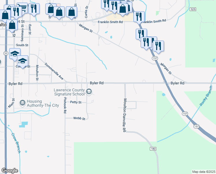 map of restaurants, bars, coffee shops, grocery stores, and more near 3050 Byler Road in Moulton