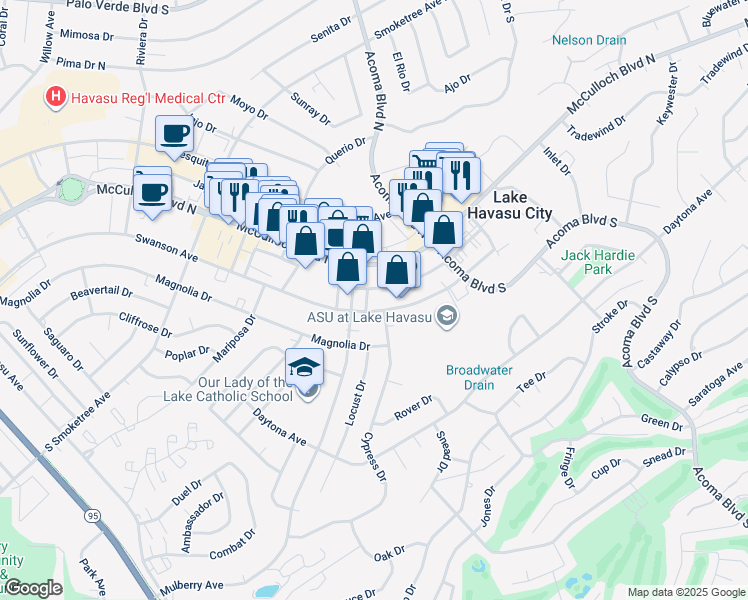 map of restaurants, bars, coffee shops, grocery stores, and more near 2094 Swanson Avenue in Lake Havasu City