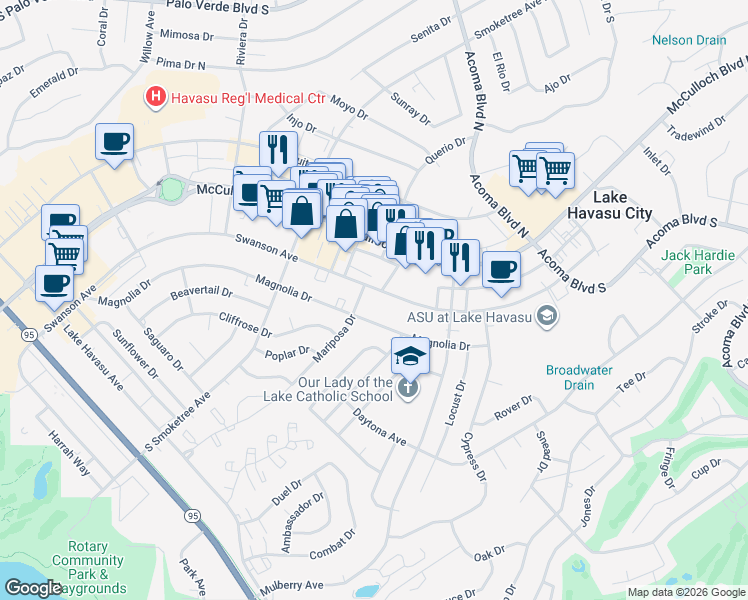 map of restaurants, bars, coffee shops, grocery stores, and more near 2001 Magnolia Drive in Lake Havasu City