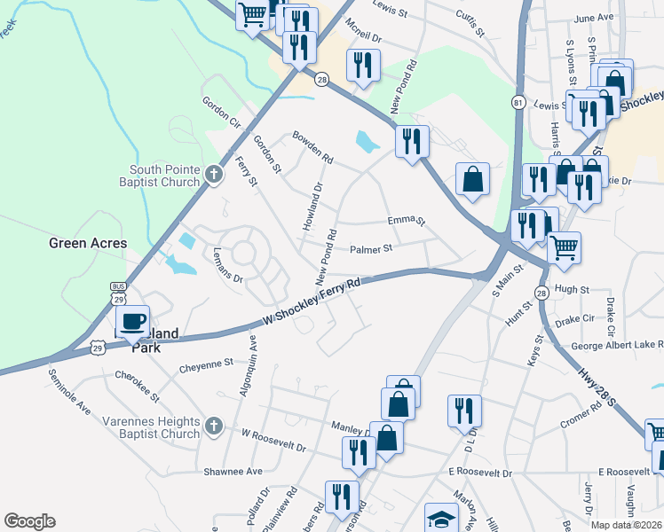 map of restaurants, bars, coffee shops, grocery stores, and more near 3501 New Pond Road in Anderson
