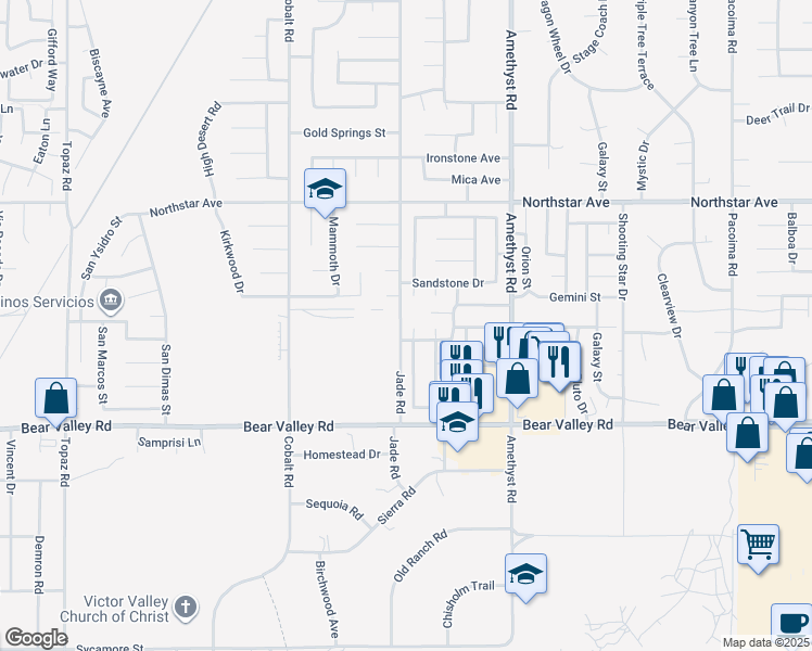 map of restaurants, bars, coffee shops, grocery stores, and more near 12244 Cobblestone Drive in Victorville