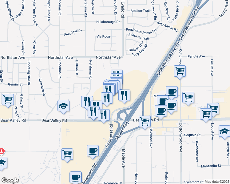 map of restaurants, bars, coffee shops, grocery stores, and more near 14400 Bear Valley Road in Victorville