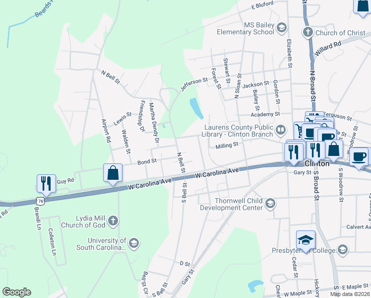 map of restaurants, bars, coffee shops, grocery stores, and more near 111 North Bell Street in Clinton