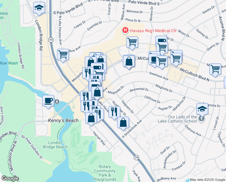 map of restaurants, bars, coffee shops, grocery stores, and more near 1661 Magnolia Drive in Lake Havasu City