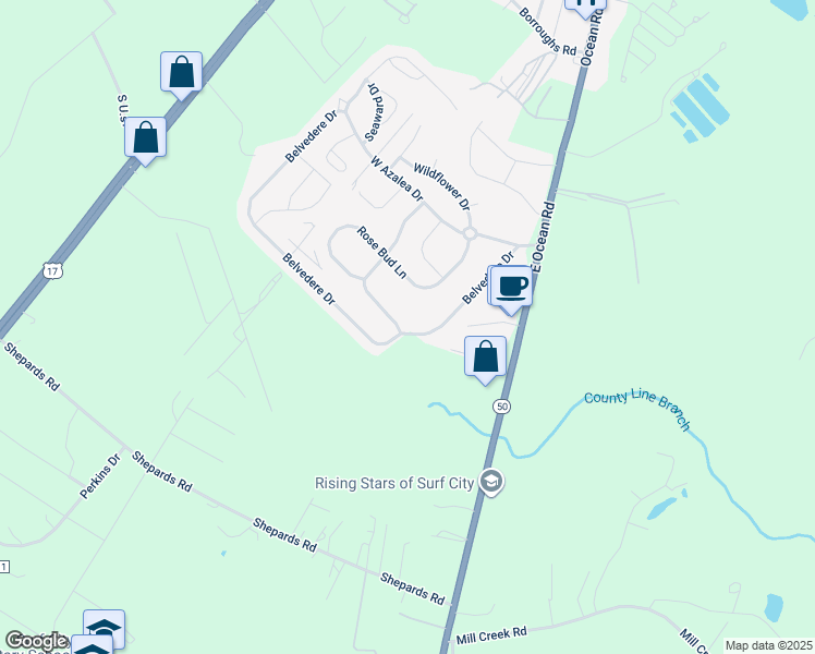 map of restaurants, bars, coffee shops, grocery stores, and more near 200 Red Carnation Drive in Holly Ridge