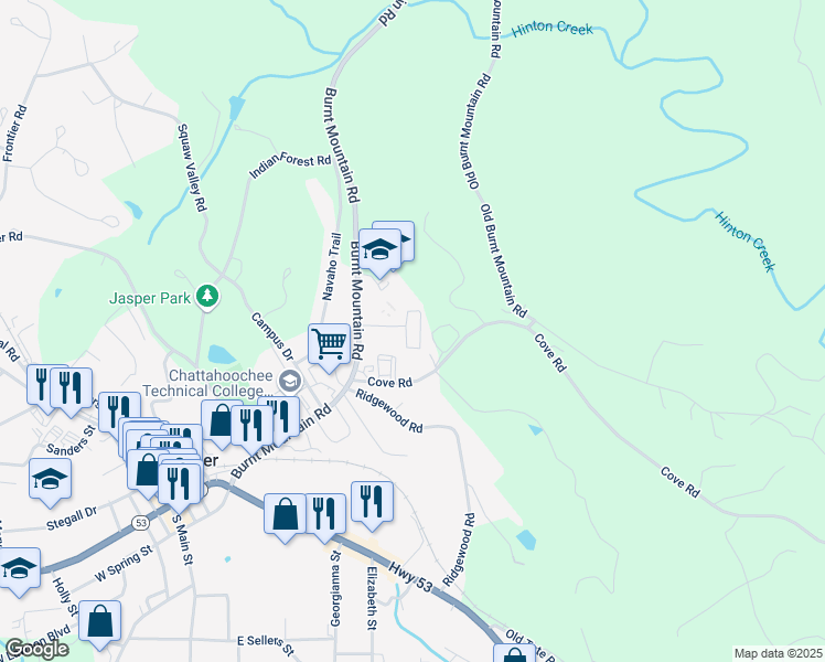 map of restaurants, bars, coffee shops, grocery stores, and more near 201 Cove Road in Jasper