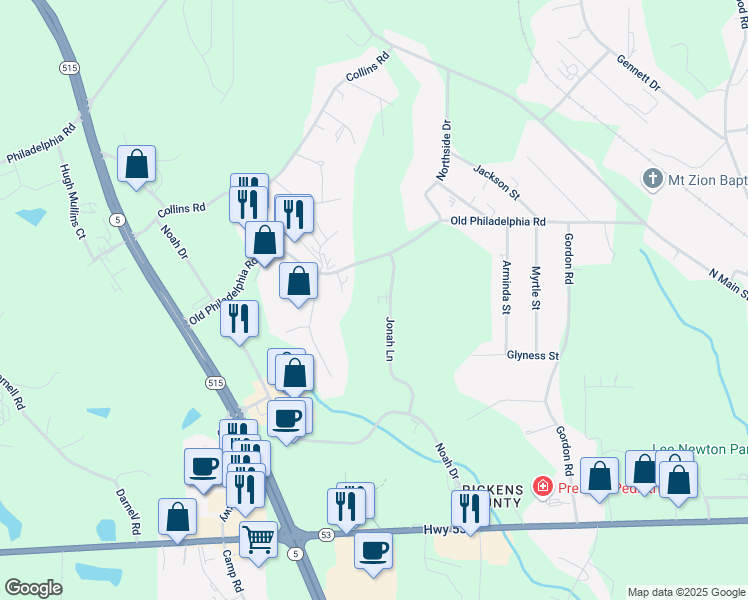 map of restaurants, bars, coffee shops, grocery stores, and more near 311 Jonah Lane in Jasper