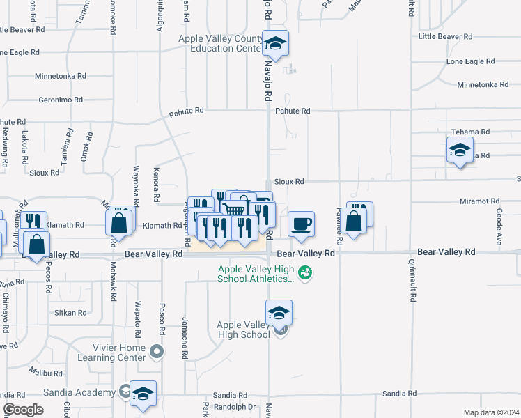 map of restaurants, bars, coffee shops, grocery stores, and more near Navajo Road in Apple Valley