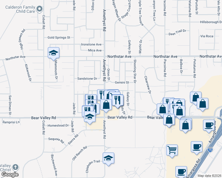 map of restaurants, bars, coffee shops, grocery stores, and more near 13740 Starshine Drive in Victorville