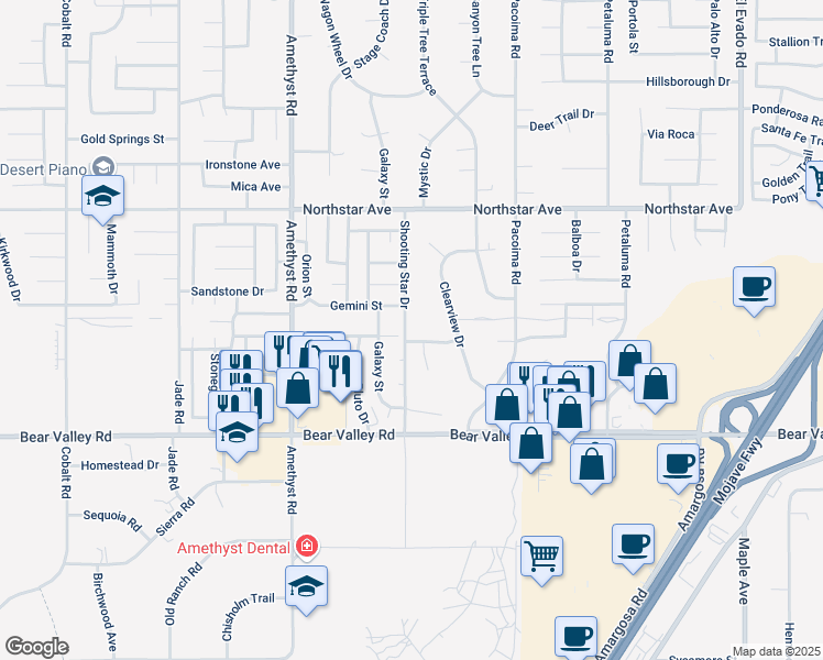 map of restaurants, bars, coffee shops, grocery stores, and more near 13795 Gemini Street in Victorville