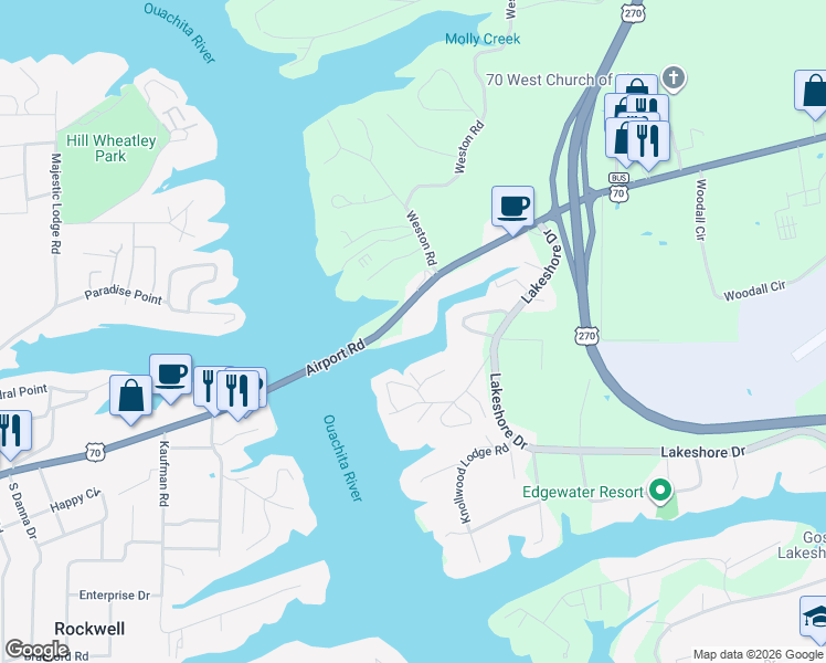 map of restaurants, bars, coffee shops, grocery stores, and more near 1209 Airport Road in Hot Springs