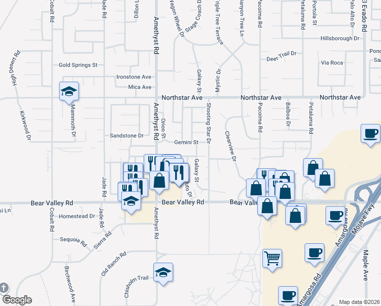 map of restaurants, bars, coffee shops, grocery stores, and more near 13832 Starshine Drive in Victorville
