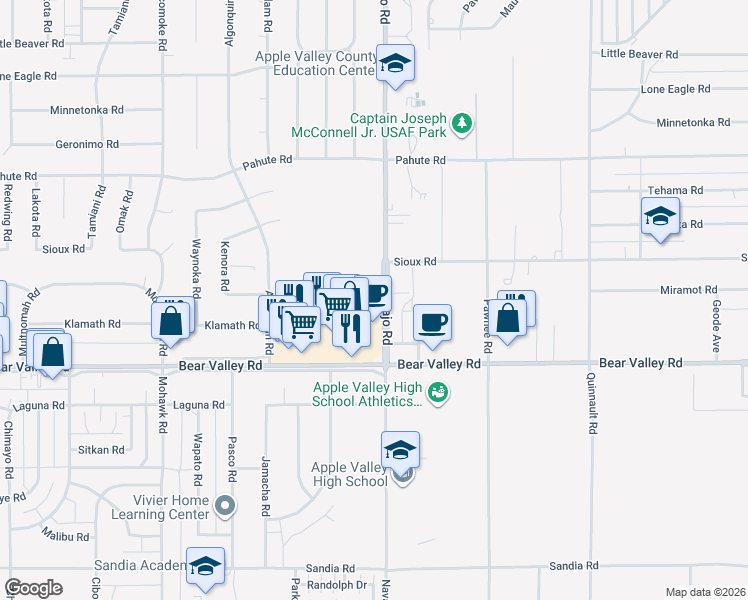 map of restaurants, bars, coffee shops, grocery stores, and more near 12242 Navajo Road in Apple Valley