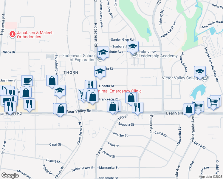 map of restaurants, bars, coffee shops, grocery stores, and more near 17797 Lindero Street in Victorville