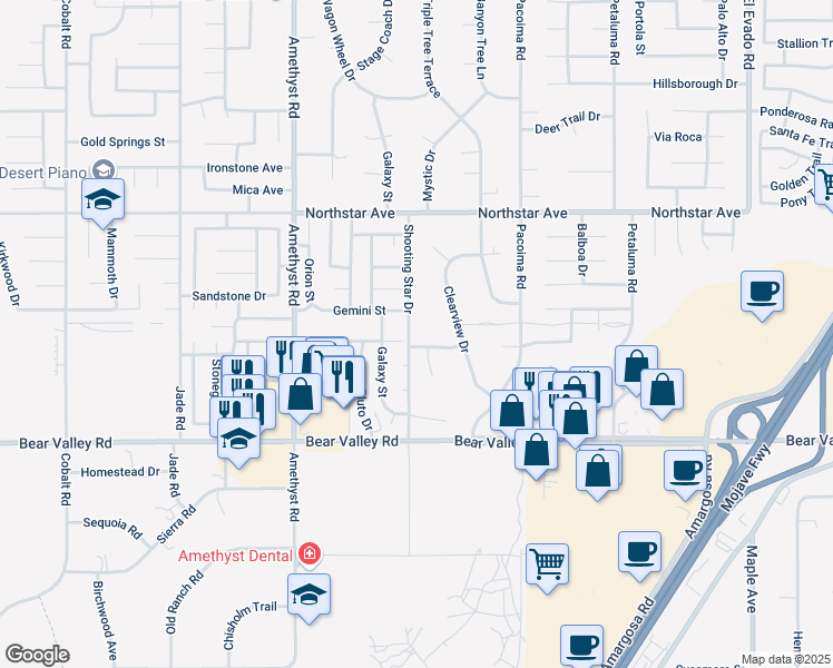 map of restaurants, bars, coffee shops, grocery stores, and more near 13795 Gemini Street in Victorville