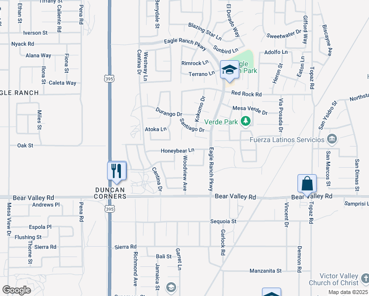 map of restaurants, bars, coffee shops, grocery stores, and more near 12333 Santiago Court in Victorville