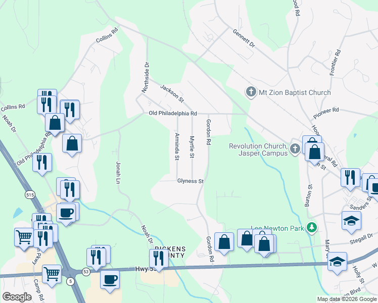 map of restaurants, bars, coffee shops, grocery stores, and more near 135 Myrtle Street in Jasper