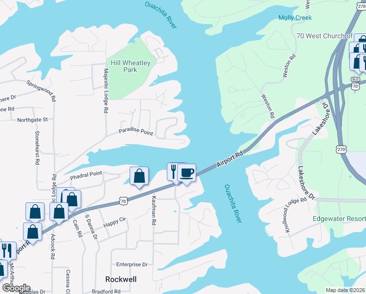map of restaurants, bars, coffee shops, grocery stores, and more near 323 Paradise Point in Hot Springs