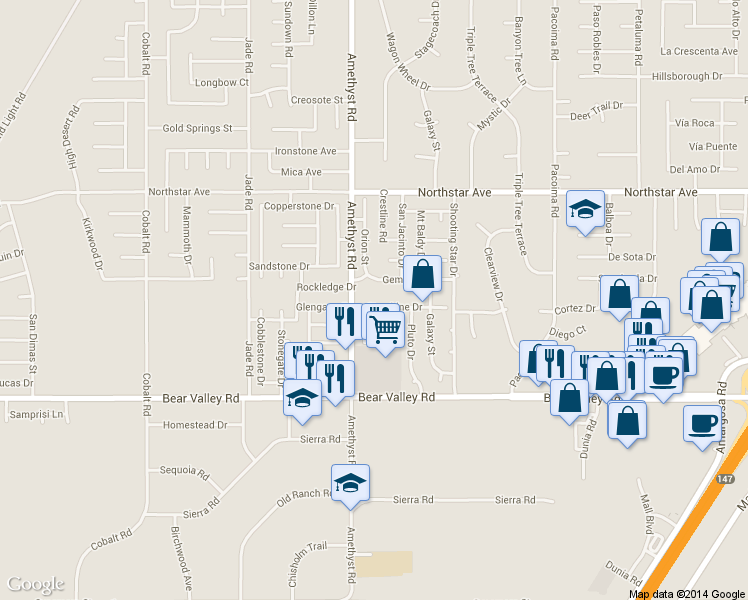 map of restaurants, bars, coffee shops, grocery stores, and more near 13740 Starshine Drive in Victorville
