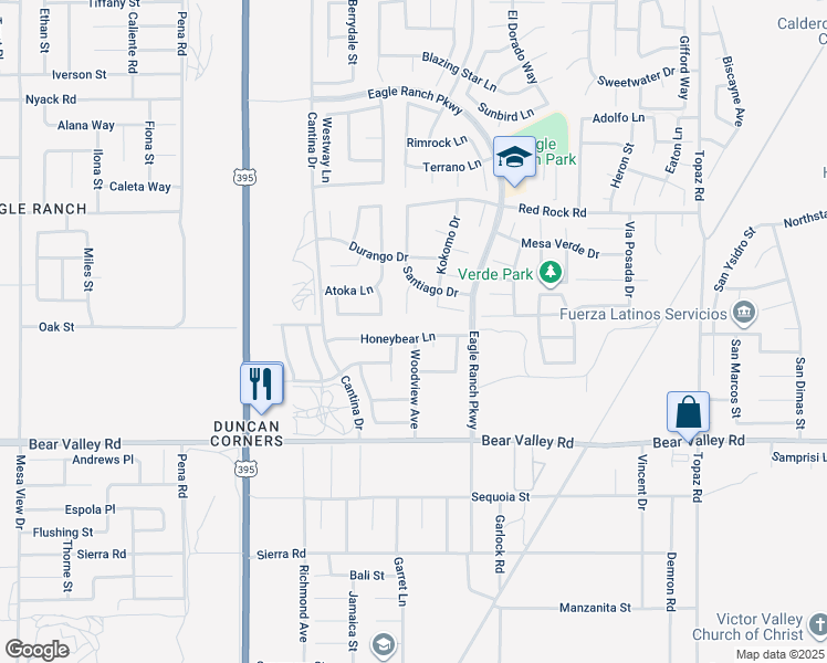 map of restaurants, bars, coffee shops, grocery stores, and more near 12333 Santiago Court in Victorville