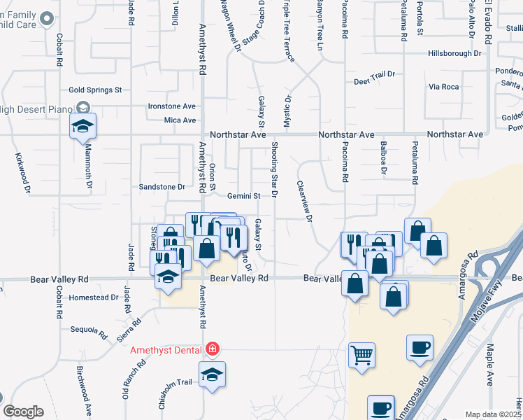 map of restaurants, bars, coffee shops, grocery stores, and more near 13864 Starshine Drive in Victorville