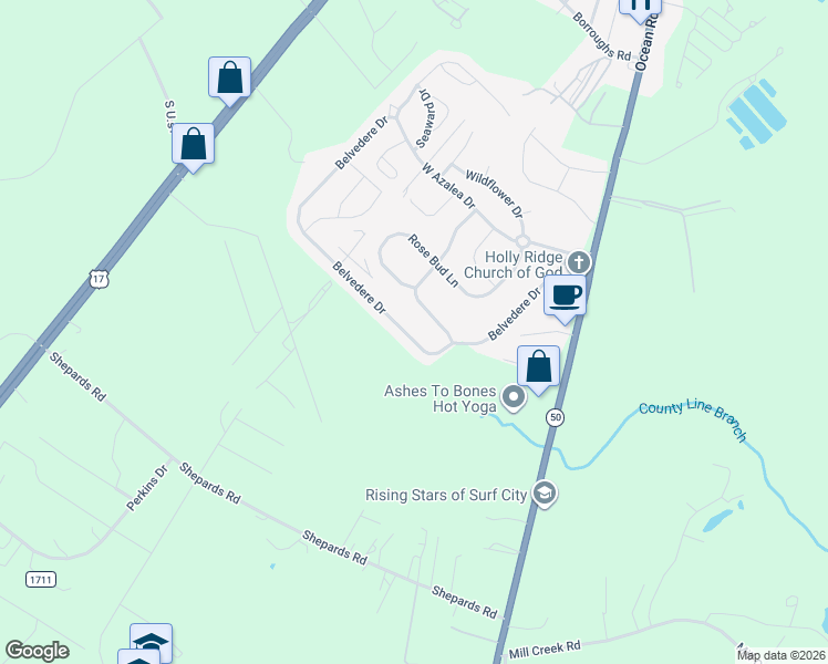 map of restaurants, bars, coffee shops, grocery stores, and more near 208 Belvedere Drive in Holly Ridge