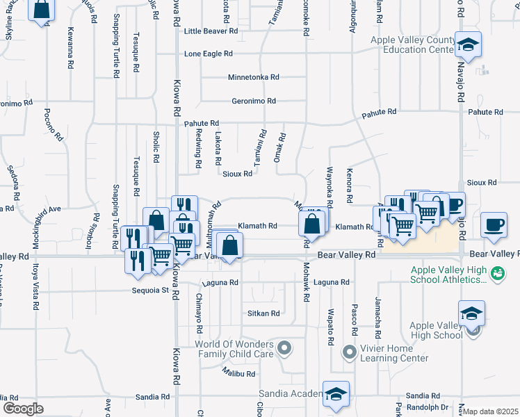 map of restaurants, bars, coffee shops, grocery stores, and more near 21133 Multnomah Road in Apple Valley