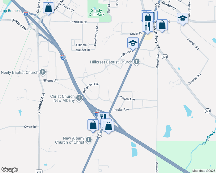 map of restaurants, bars, coffee shops, grocery stores, and more near 400 Woodland Drive in New Albany