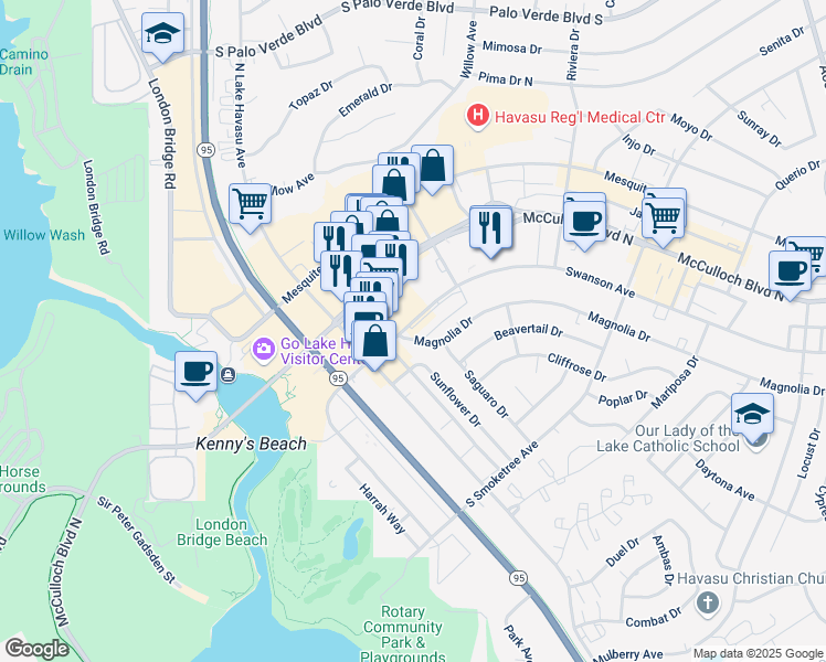 map of restaurants, bars, coffee shops, grocery stores, and more near 1700 Swanson Avenue in Lake Havasu City