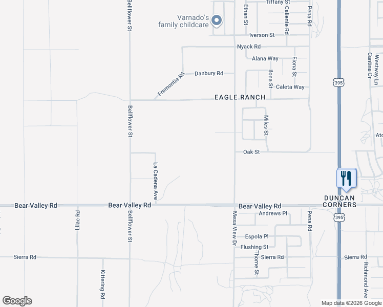 map of restaurants, bars, coffee shops, grocery stores, and more near 11398 Lindero Road in Victorville