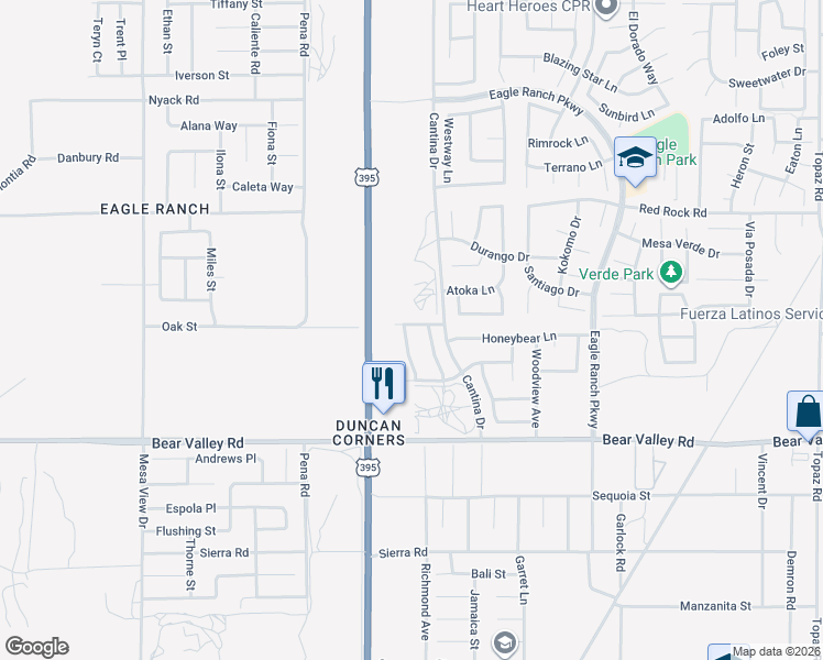 map of restaurants, bars, coffee shops, grocery stores, and more near 12295 Shadow Drive in Victorville