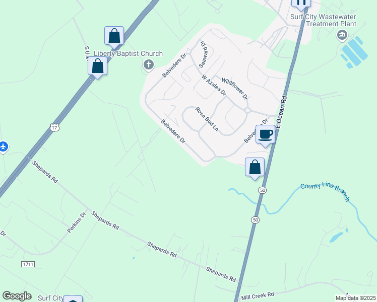 map of restaurants, bars, coffee shops, grocery stores, and more near 217 Belvedere Drive in Holly Ridge