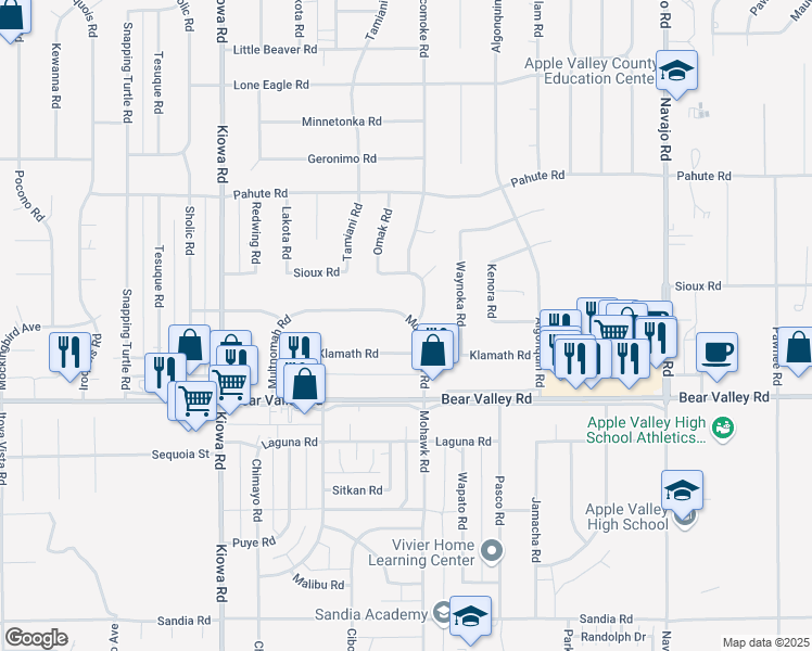 map of restaurants, bars, coffee shops, grocery stores, and more near 21210 Multnomah Road in Apple Valley