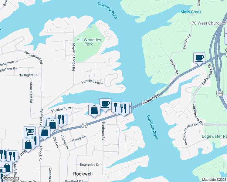 map of restaurants, bars, coffee shops, grocery stores, and more near 323 Paradise Point in Hot Springs