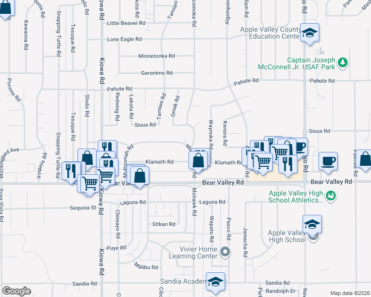 map of restaurants, bars, coffee shops, grocery stores, and more near 21210 Multnomah Road in Apple Valley