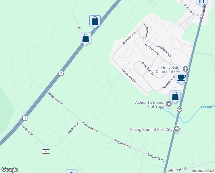map of restaurants, bars, coffee shops, grocery stores, and more near 118-160 Merry Lane in Holly Ridge