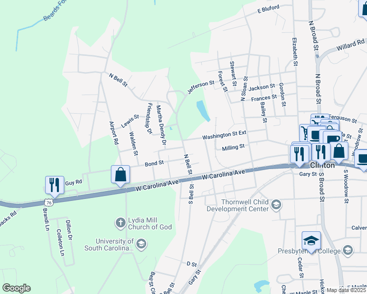 map of restaurants, bars, coffee shops, grocery stores, and more near 301 North Bell Street in Clinton