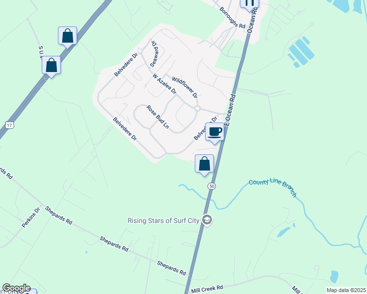 map of restaurants, bars, coffee shops, grocery stores, and more near 140 Belvedere Drive in Holly Ridge