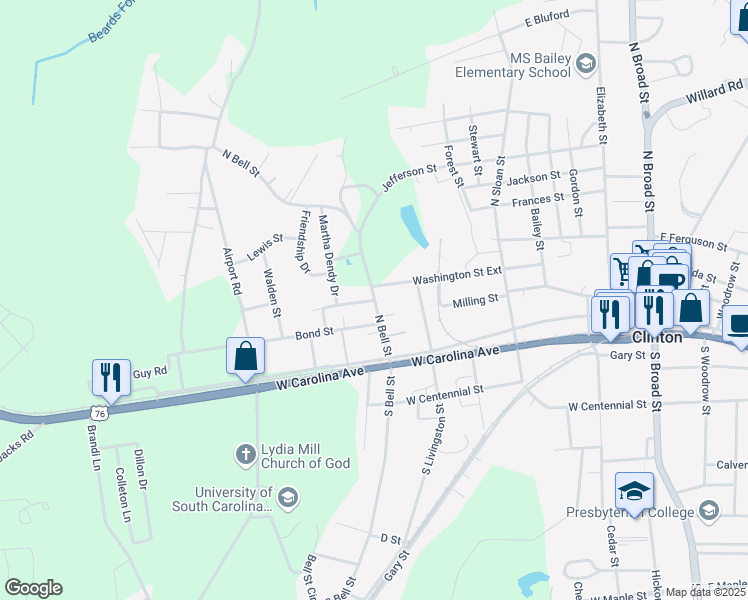 map of restaurants, bars, coffee shops, grocery stores, and more near 301 North Bell Street in Clinton