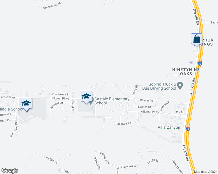 map of restaurants, bars, coffee shops, grocery stores, and more near 30665 Yosemite Drive in Castaic