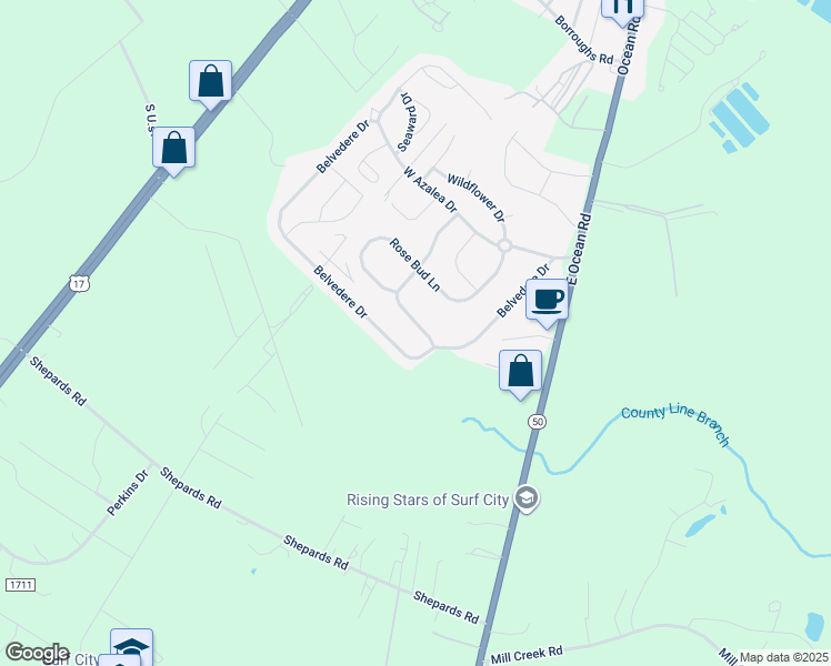 map of restaurants, bars, coffee shops, grocery stores, and more near 207 Red Carnation Drive in Holly Ridge