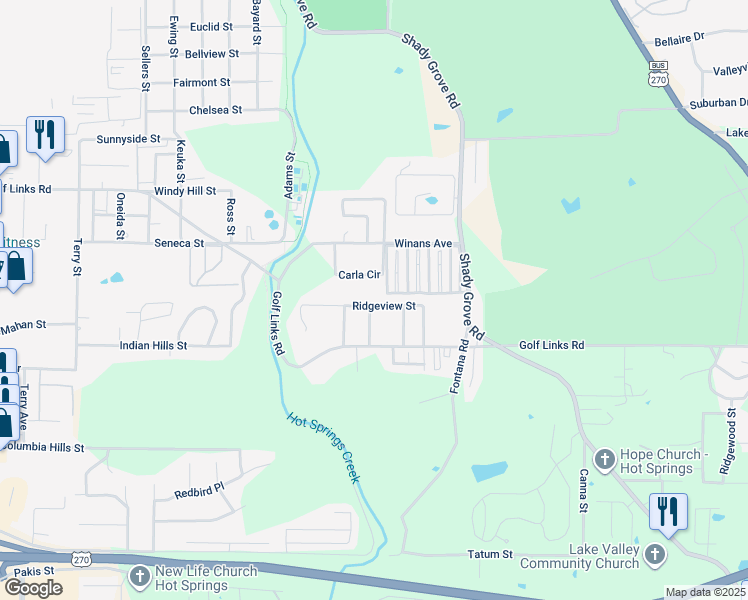 map of restaurants, bars, coffee shops, grocery stores, and more near 402 Ridgeview Street in Hot Springs