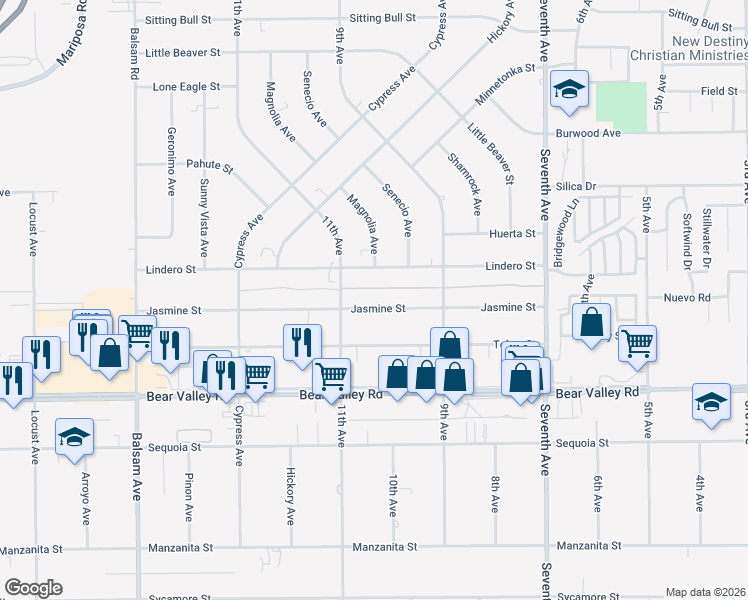 map of restaurants, bars, coffee shops, grocery stores, and more near 15772 Jasmine Street in Spring Valley Lake