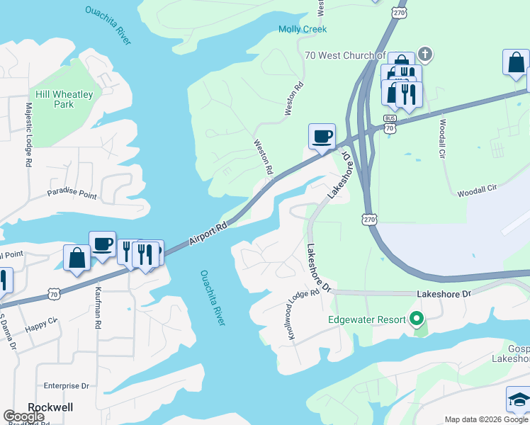 map of restaurants, bars, coffee shops, grocery stores, and more near 1209 Airport Road in Hot Springs