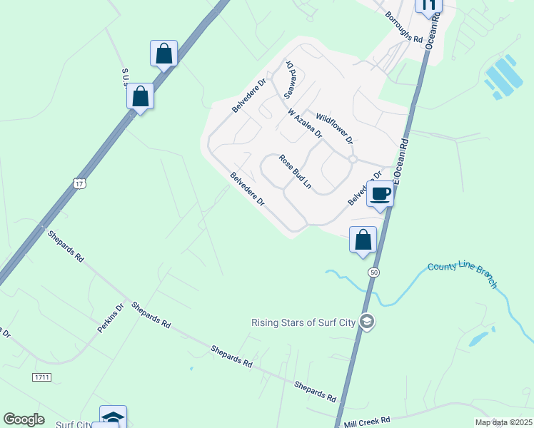 map of restaurants, bars, coffee shops, grocery stores, and more near 219 Belvedere Drive in Holly Ridge