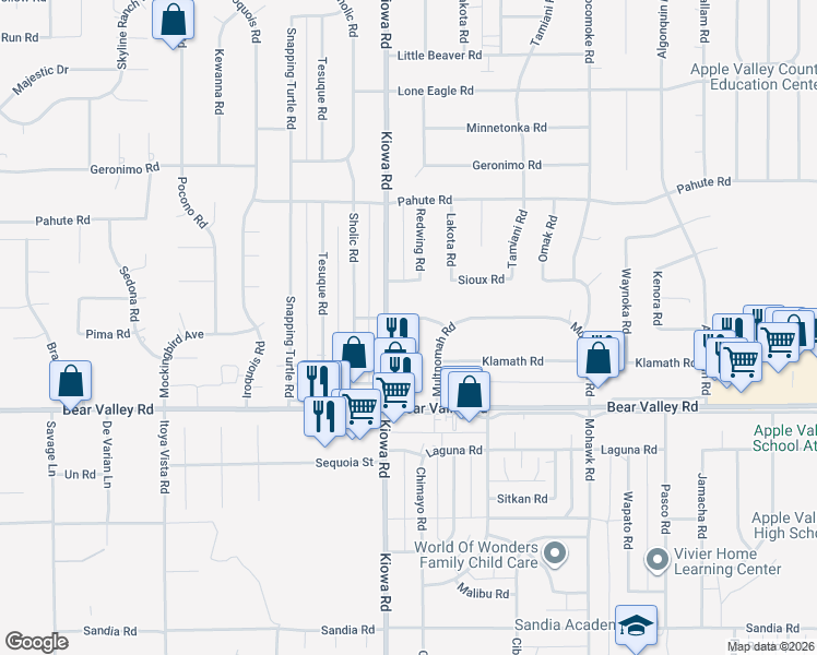 map of restaurants, bars, coffee shops, grocery stores, and more near 20956 Caddo Road in Apple Valley