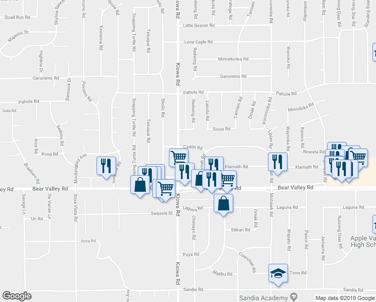 map of restaurants, bars, coffee shops, grocery stores, and more near 20945 Caddo Road in Apple Valley