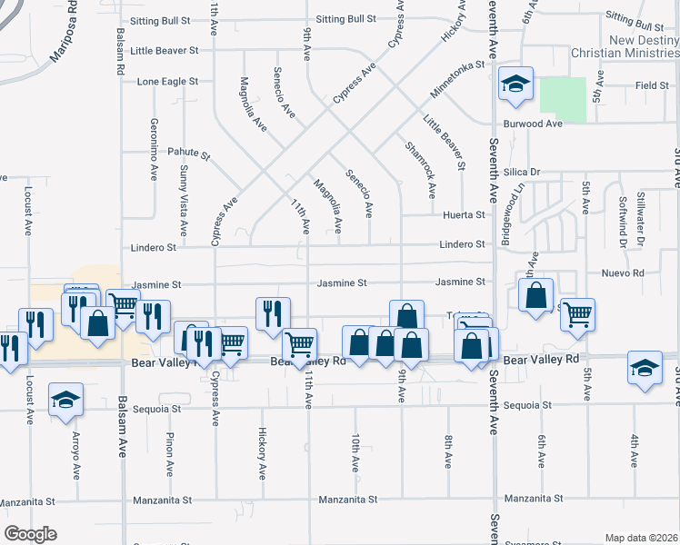 map of restaurants, bars, coffee shops, grocery stores, and more near 15772 Jasmine Street in Spring Valley Lake